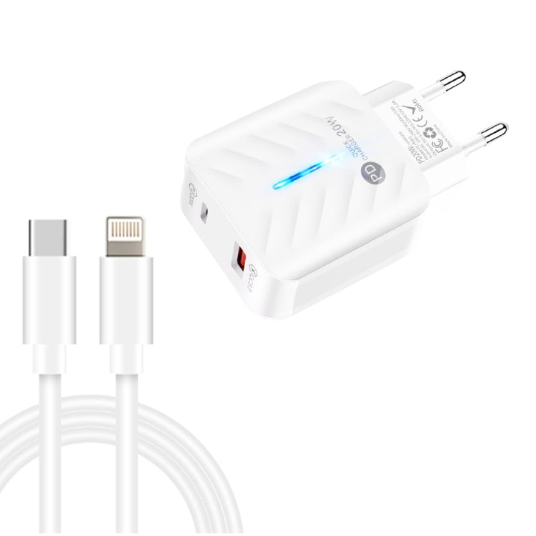 PD03 20W PD3.0 + QC3.0 USB Charger with Type-C to 8 Pin Data Cable, EU Plug(White)