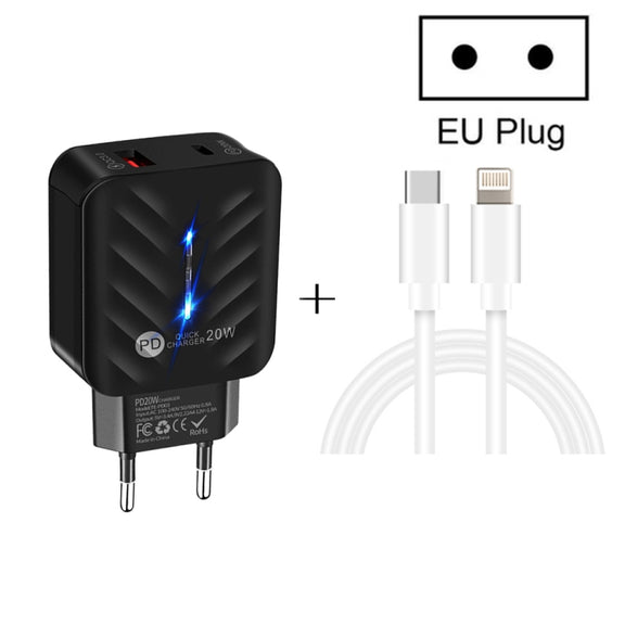 PD03 20W PD3.0 + QC3.0 USB Charger with Type-C to 8 Pin Data Cable, EU Plug(White)