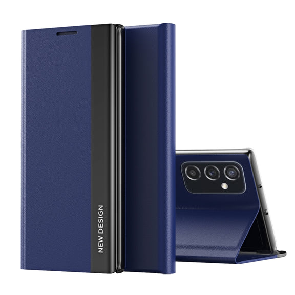 For Samsung Galaxy A33 5G Side Electroplated Magnetic Flip Leather Case with Holder(Dark Blue)