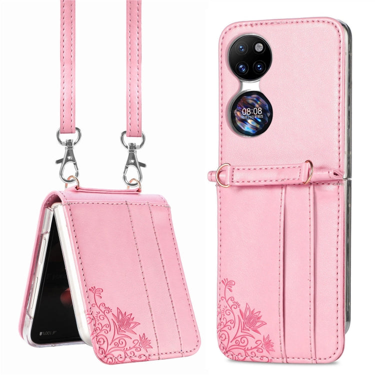 For Huawei  P50 Pocket Diagonal Embossed Card Folding Phone Case(Pink)
