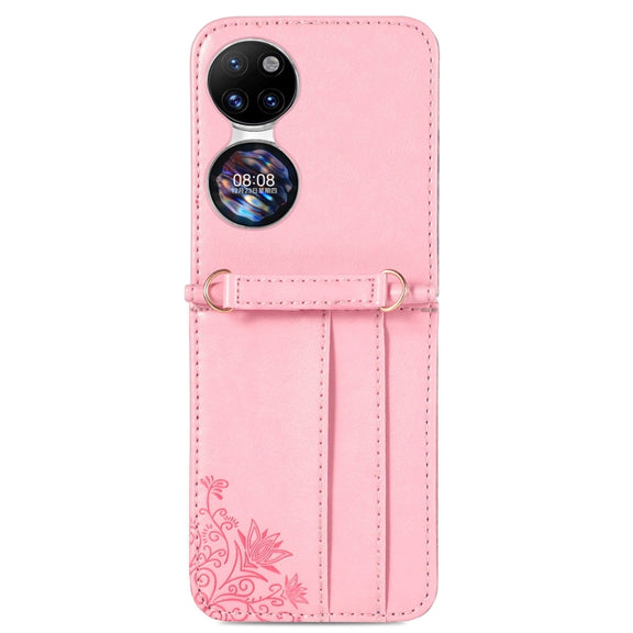 For Huawei  P50 Pocket Diagonal Embossed Card Folding Phone Case(Pink)