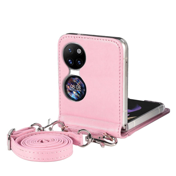 For Huawei  P50 Pocket Diagonal Embossed Card Folding Phone Case(Pink)