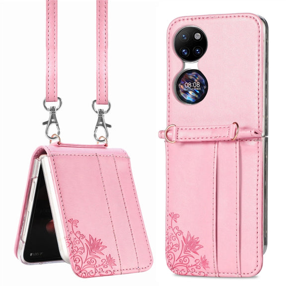 For Huawei  P50 Pocket Diagonal Embossed Card Folding Phone Case(Pink)