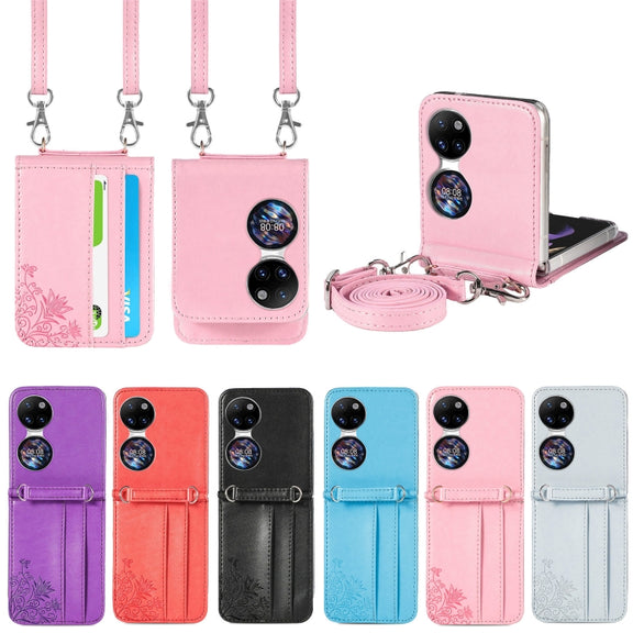 For Huawei  P50 Pocket Diagonal Embossed Card Folding Phone Case(Pink)