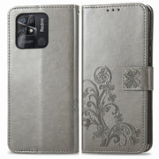 For Xiaomi Redmi 10C Four-leaf Clasp Embossed Buckle Leather Phone Case(Gray)