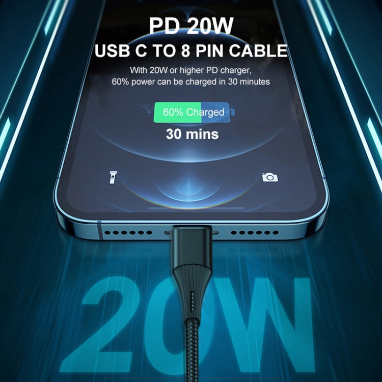 ENKAY PD 20W 3A USB-C / Type-C to 8 Pin Fast Charging Nylon Braided Data Cable, Length:1m(Black)