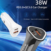 TE-P23 38W PD 20W USB-C / Type-C + QC3. 0 USB Triangle Car Charger + USB to USB-C / Type-C Data Cable, Length: 1m(White)