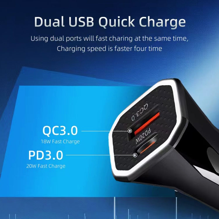 TE-P22 38W PD USB-C / Type-C + QC3. 0 USB Car Charger with 1m USB to 8 Pin Data Cable(White)