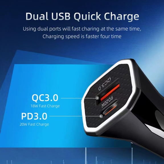 TE-P22 38W PD USB-C / Type-C + QC3. 0 USB Car Charger with 1m USB-C / Type-C to USB-C / Type-C Data Cable(Black)