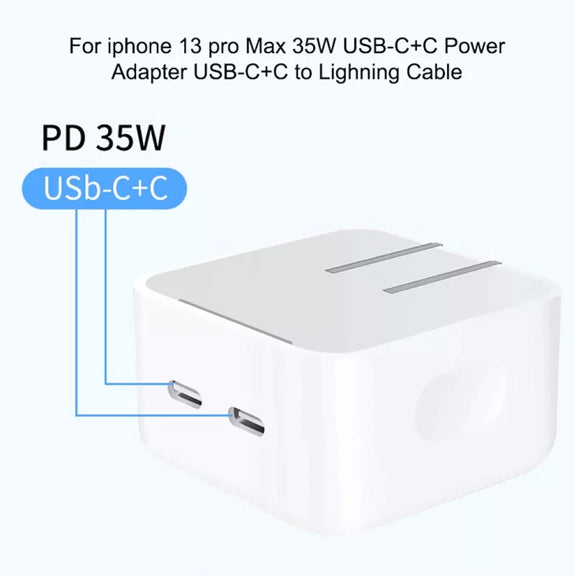 PD 35W Dual USB-C / Type-C Ports Charger with 2m Type-C to 8 Pin Data Cable, US Plug