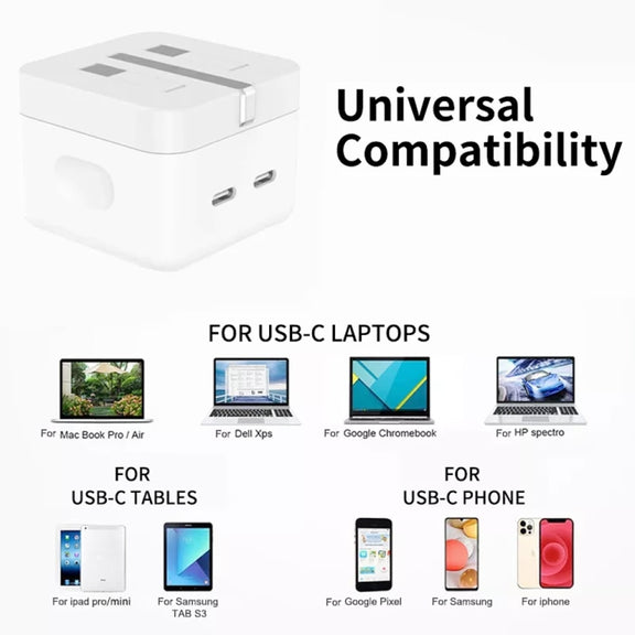 PD 35W Dual USB-C / Type-C Ports Charger with 1.5m Type-C to 8 Pin Data Cable, UK Plug