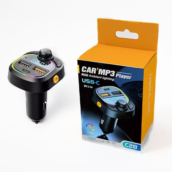 C28 Fast Charging Atmosphere Light Handsfree Car Kit Car Mp3 Player Stereo FM Transmitter