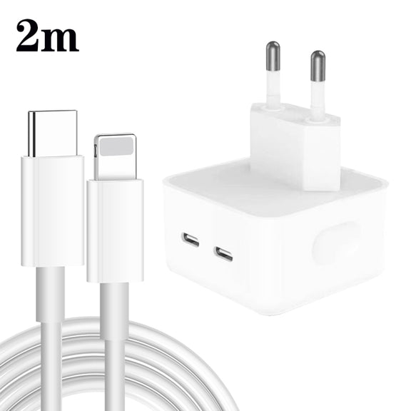 PD 35W Dual USB-C / Type-C Ports Charger with 2m Type-C to 8 Pin Data Cable, EU Plug