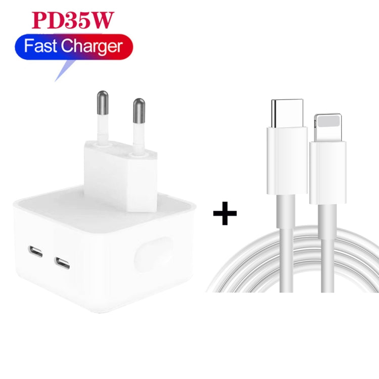 PD 35W Dual USB-C / Type-C Ports Charger with 2m Type-C to 8 Pin Data Cable, EU Plug