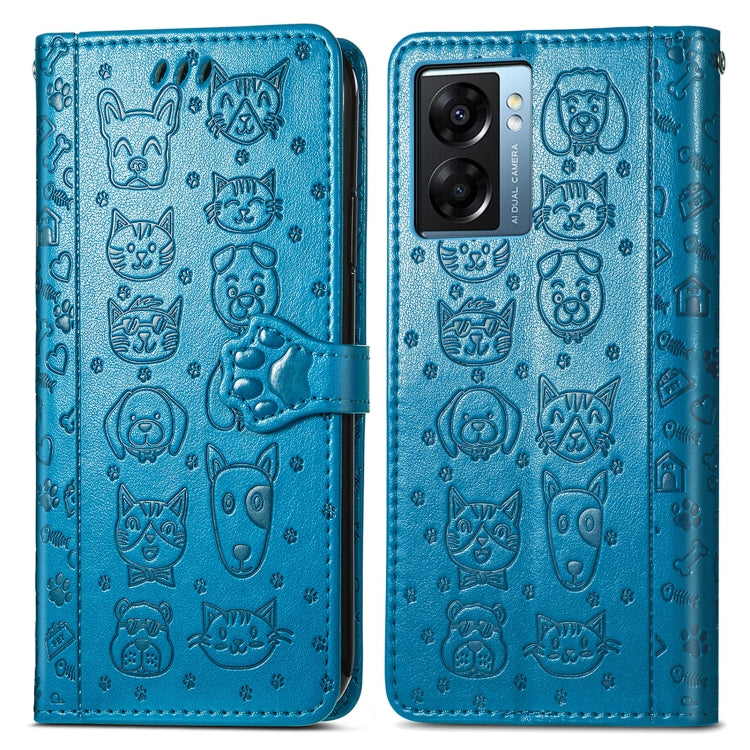 For OPPO A57 5G Cute Cat and Dog Embossed Horizontal Flip Leather Case(Blue)