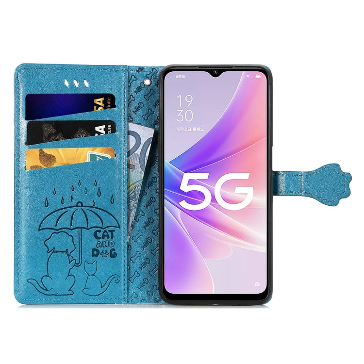 For OPPO A57 5G Cute Cat and Dog Embossed Horizontal Flip Leather Case(Blue)