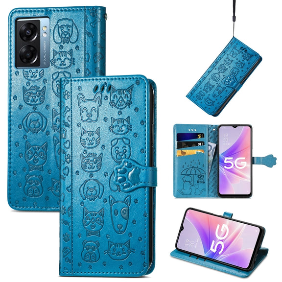 For OPPO A57 5G Cute Cat and Dog Embossed Horizontal Flip Leather Case(Blue)