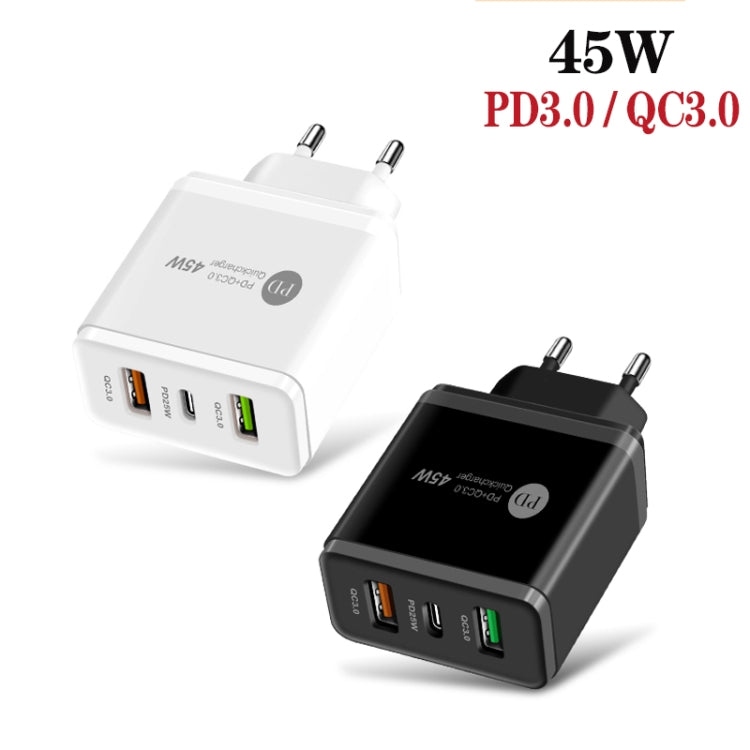 45W PD3.0 + 2 x QC3.0 USB Multi Port Quick Charger, EU Plug(Black)