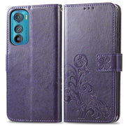 For Motorola Edge 30 Four-leaf Clasp Embossed Buckle Leather Phone Case(Purple)