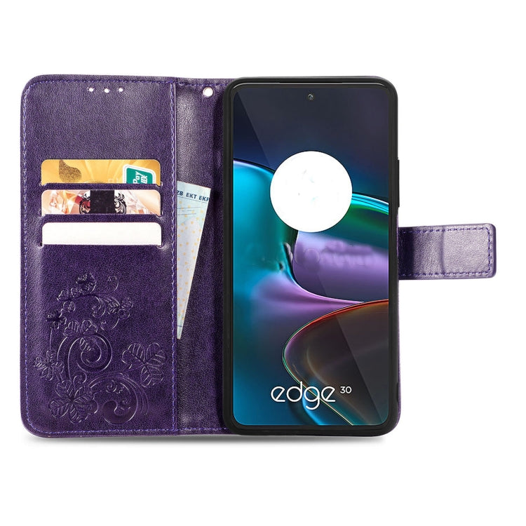 For Motorola Edge 30 Four-leaf Clasp Embossed Buckle Leather Phone Case(Purple)