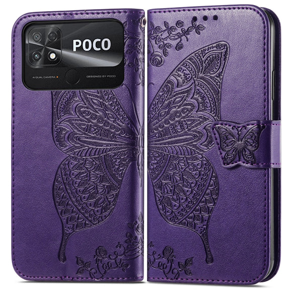 For Xiaomi Poco C40 Butterfly Love Flower Embossed Flip Leather Phone Case(Dark Purple)