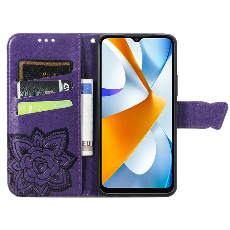 For Xiaomi Poco C40 Butterfly Love Flower Embossed Flip Leather Phone Case(Dark Purple)