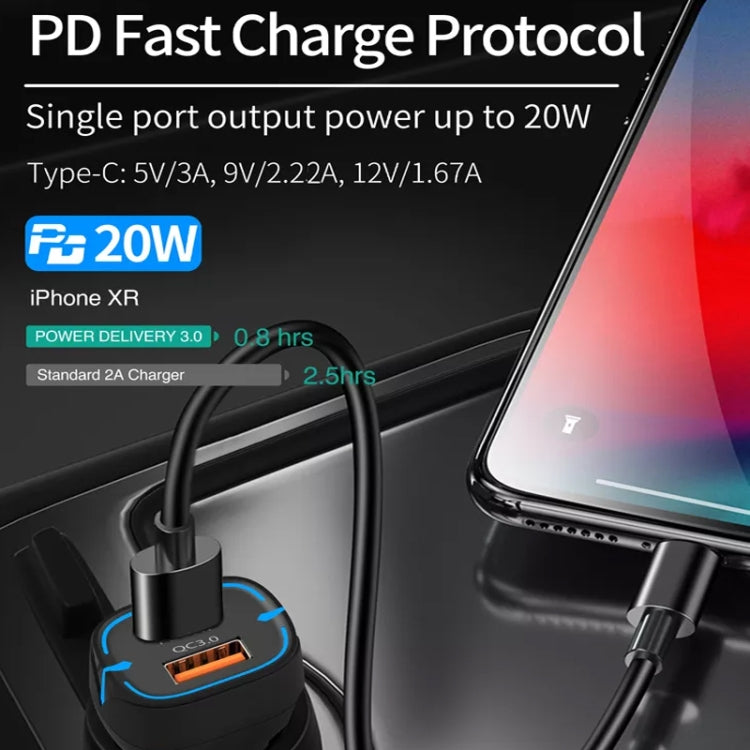 38W PD20W + QC3.0 USB Car Charger with Type-C to Type-C Data Cable, Length: 1m(Black)