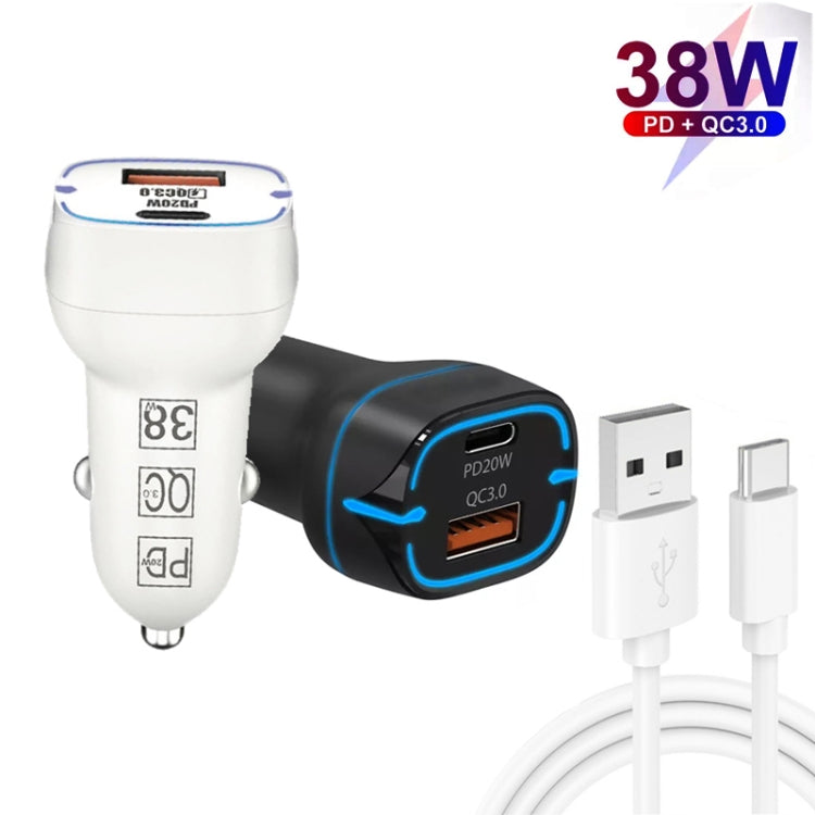 38W PD20W + QC3.0 USB Car Charger with USB to Type-C Data Cable, Length: 1m(Black)