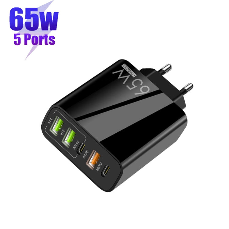 65W Dual PD Type-C + 3 x USB Multi Port Charger for Phone and Tablet PC, EU Plug(Black)