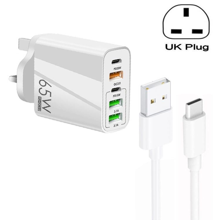 65W Dual PD Type-C + 3 x USB Multi Port Charger with 3A USB to Type-C Data Cable, UK Plug(White)