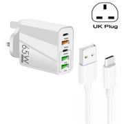 65W Dual PD Type-C + 3 x USB Multi Port Charger with 3A USB to Type-C Data Cable, UK Plug(White)