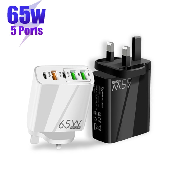 65W Dual PD Type-C + 3 x USB Multi Port Charger with 3A USB to Type-C Data Cable, UK Plug(White)