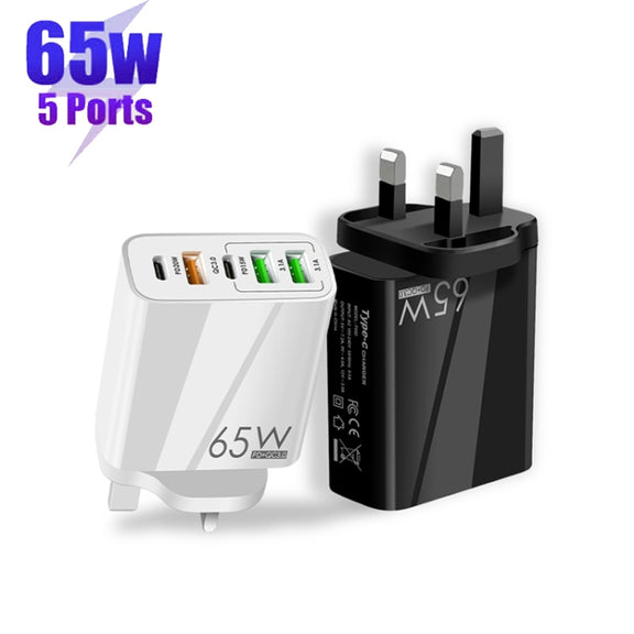 65W Dual PD Type-C + 3 x USB Multi Port Charger with 3A USB to Type-C Data Cable, UK Plug(White)
