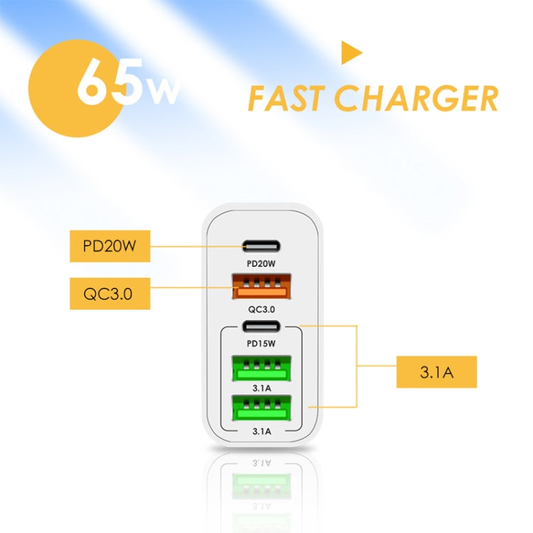65W Dual PD Type-C + 3 x USB Multi Port Charger with 3A USB to Type-C Data Cable, UK Plug(White)