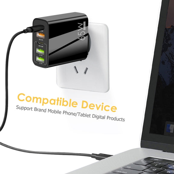 65W Dual PD Type-C + 3 x USB Multi Port Charger with 3A USB to Type-C Data Cable, UK Plug(White)