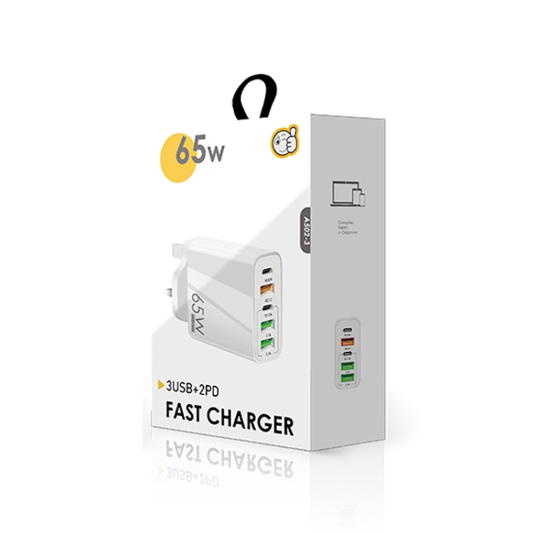 65W Dual PD Type-C + 3 x USB Multi Port Charger with 3A USB to Type-C Data Cable, UK Plug(White)
