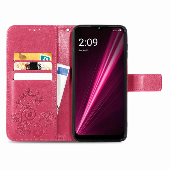 For T-Mobile REVVL 6 5G Four-leaf Clasp Embossed Buckle Leather Phone Case(Magenta)