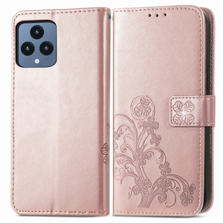 For T-Mobile REVVL 6 5G Four-leaf Clasp Embossed Buckle Leather Phone Case(Rose Gold)