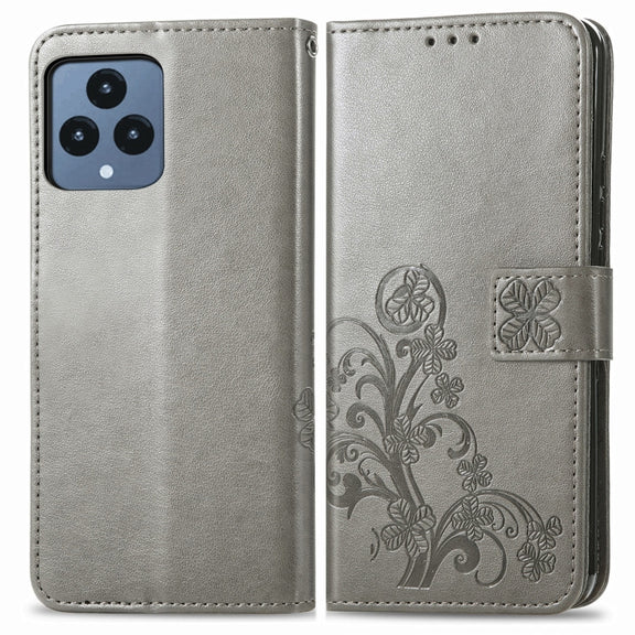 For T-Mobile REVVL 6 5G Four-leaf Clasp Embossed Buckle Leather Phone Case(Gray)