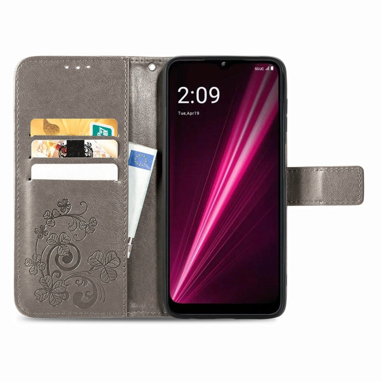 For T-Mobile REVVL 6 5G Four-leaf Clasp Embossed Buckle Leather Phone Case(Gray)