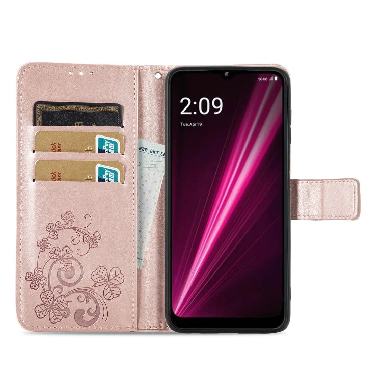 For T-Mobile Revvl 6 Pro 5G Four-leaf Clasp Embossed Buckle Leather Phone Case(Rose Gold)
