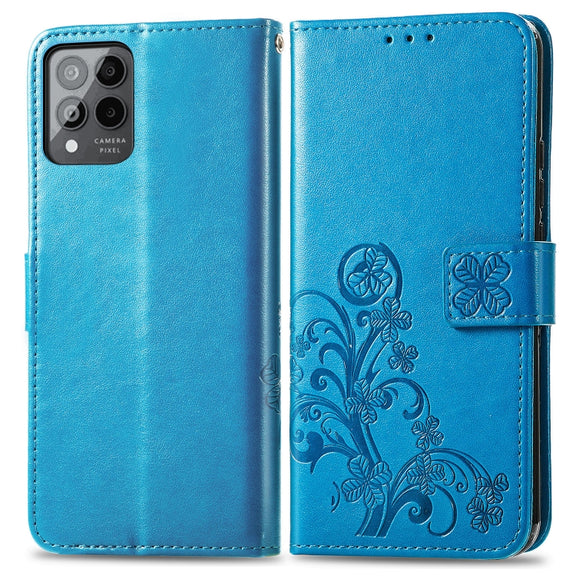 For T-Mobile Revvl 6 Pro 5G Four-leaf Clasp Embossed Buckle Leather Phone Case(Blue)