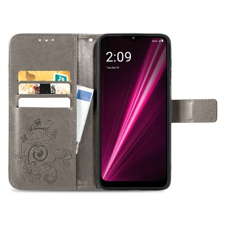 For T-Mobile Revvl 6 Pro 5G Four-leaf Clasp Embossed Buckle Leather Phone Case(Gray)