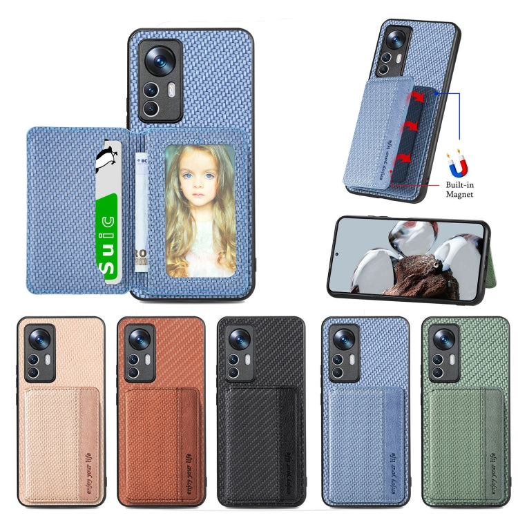 For Xiaomi 12T Carbon Fiber Magnetic Card Bag Phone Case(Khaki)