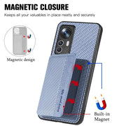 For Xiaomi 12T Carbon Fiber Magnetic Card Bag Phone Case(Khaki)