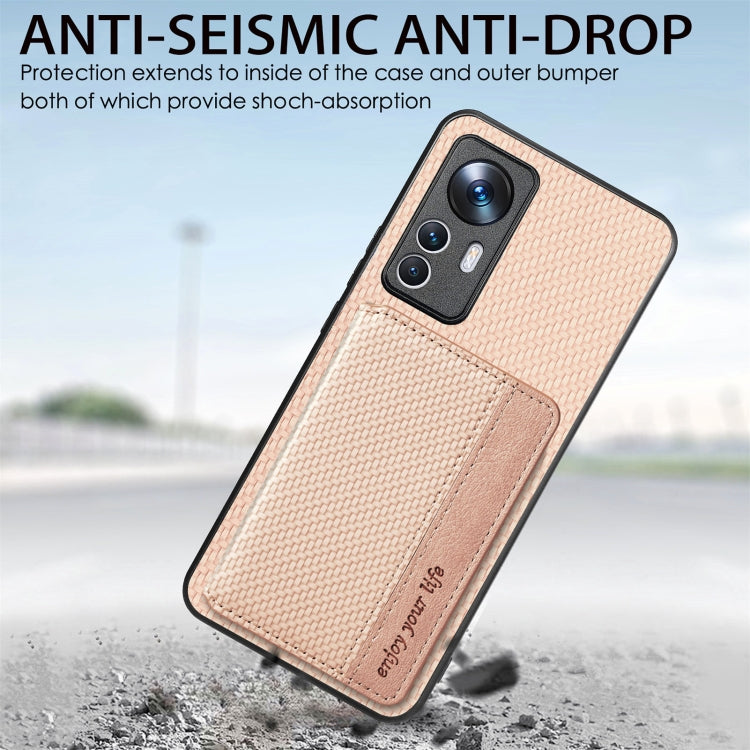 For Xiaomi 12T Carbon Fiber Magnetic Card Bag Phone Case(Khaki)