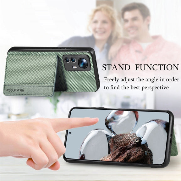 For Xiaomi 12T Carbon Fiber Magnetic Card Bag Phone Case(Khaki)
