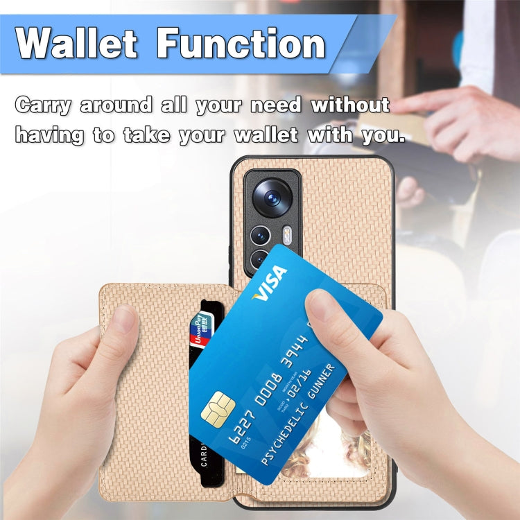 For Xiaomi 12T Carbon Fiber Magnetic Card Bag Phone Case(Khaki)