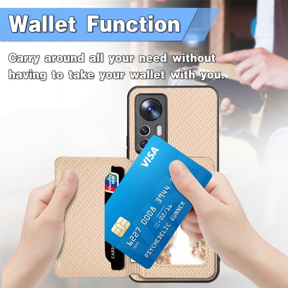 For Xiaomi 12T Carbon Fiber Magnetic Card Bag Phone Case(Khaki)