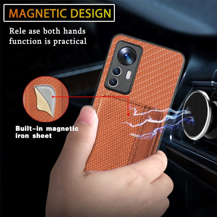 For Xiaomi 12T Carbon Fiber Magnetic Card Bag Phone Case(Khaki)